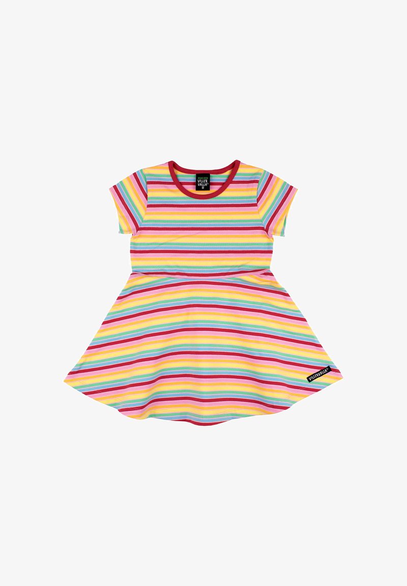 Kolorowa sukienka w paski z krótkimi rękawami, z poziomymi paskami w kolorze różowym, żółtym, zielonym i niebieskim. Miękka tkanina i rozkloszowany dół.