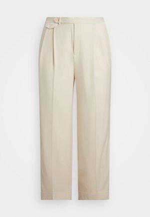 Beige maßgeschneiderte Hose mit hoher Taille, zwei-Knopf-Verschluss und einzelnen vorderen Falten. Glattes Material mit geradem Bein und gekrempelten Säumen.