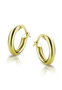 Goldfarbene Creolen mit einem polierten, abgerundeten Design, einem sicheren Verschlussmechanismus und einer spiegelnden Oberfläche.