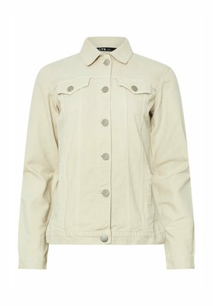 Giacca di jeans beige chiaro con colletto, tasche frontali, bottoni a scatto e sottili dettagli di cucitura. Tessuto liscio, design aderente.