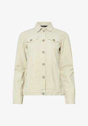 Lysbeige denimjakke med krave, forlommer, trykknapper og subtile syninger. Glat tekstur, tætsiddende design.