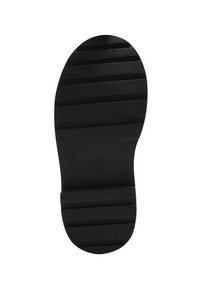 Suela de zapato de goma negra con ranuras horizontales y punta redondeada, con un sutil logo "KING" cerca del arco y un tacón plano.