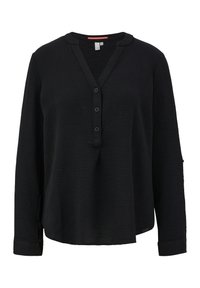 Haut noir à manches longues en tissu texturé, col en V, patte de boutonnage à trois boutons et poignets. Coupe ample avec fentes latérales au bas.