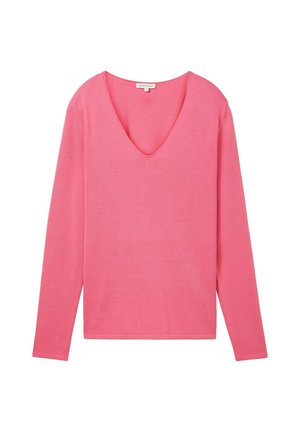 Pink long-sleeve V-neck sweater made of soft knit material, featuring a relaxed fit and finished edges. Simple design with no patterns.
