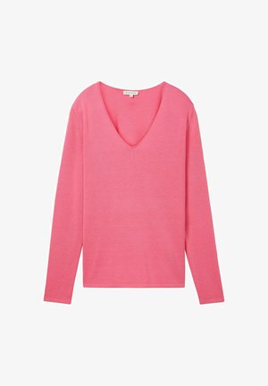 Suéter de manga larga en V de color rosa, hecho de un material de punto suave, con un corte holgado y bordes acabados. Diseño simple sin patrones.