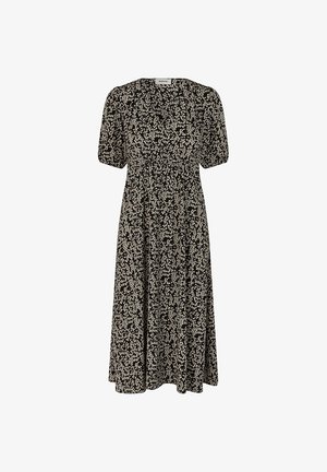 Blumiges Midi-Kleid in Schwarz mit weißen Mustern, kurzen Puffärmeln, einem gerafften Oberteil und einem fließenden Saum. Hergestellt aus leichtem Material.