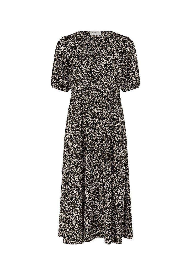 Robe midi fleurie noire avec motifs blancs, manches courtes bouffantes, corps froncé et ourlet fluide. Fabriquée en tissu léger.