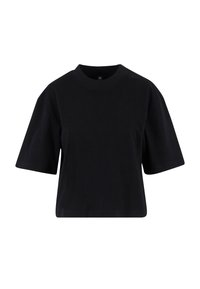 T-shirt court noir à manches courtes avec col rond, présenté sur un fond blanc.