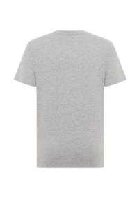 Sivé tričko s krátkym rukávom vyrobené z jemnej bavlny. Jednoduchý dizajn s okrúhlym výstrihom bez viditeľných švov alebo ozdôb.