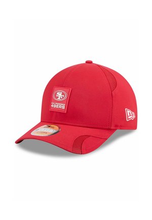 Red baseball cap with a rounded crown, a flat visor, and mesh accents. Features a square logo patch with "SF" and "San Francisco 49ers."