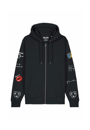 Sudadera con cremallera negra hecha de algodón, con gráficos en las mangas: sol, labios rojos y diseños de corazones. Incluye capucha con cordón y bolsillos frontales.