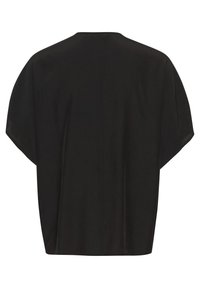 Svart, löst sittande topp gjord av ett mjukt, lätt material. Har en rund halsringning och dolman ärmar, med en slät, minimalistisk design.