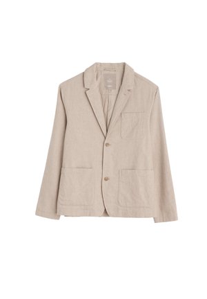 Meeste beež lina bleiser sälkliitega, kahe esikandiga, ühe rinnataskuga ja kahe nööbiga kinnitatav.