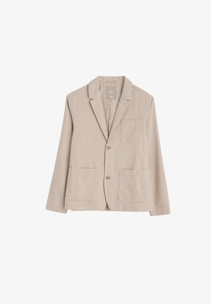 Beigen värinen miesten pellavableiseri, jossa on säännölliset kaulukset, kaksi etutaskua, yksi rintatasku ja kaksinappinen kiinnitys.