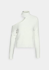 White, ribbed turtleneck sweater featuring an asymmetrical design with one shoulder exposed. Soft texture and long sleeves with fitted cuffs.