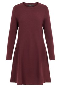 Bordeaux lange Ärmel Kleid mit rundem Halsauschnitt, aus weichem Stoff gefertigt, mit A-Linie Silhouette und glatter Textur.