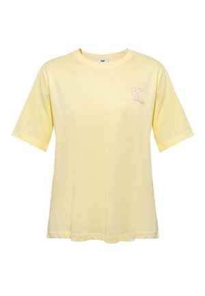 Light yellow short-sleeve t-shirt with a small pink outline of a cat and heart on the left chest, round neckline, relaxed fit.