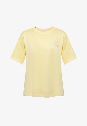 Light yellow short-sleeve t-shirt with a small pink outline of a cat and heart on the left chest, round neckline, relaxed fit.