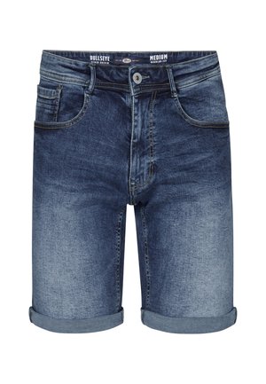 Donkere blauwe denim shorts met een regular fit, omgeslagen zoom en vijf zakken. De stof toont een lichte vervaagde patroon, met gele stiksels.