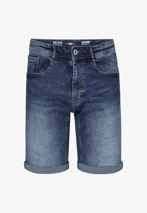 Dunkelblaue Denim-Shorts mit normaler Passform, umgeschlagenem Saum und fünf Taschen. Das Gewebe zeigt ein leichtes Auswaschmuster mit gelben Nähten.