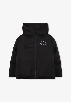 Sort puffersjakke med hætte, lynlåslukning foran og hvid "KENZO PARIS" logo. Har kviltet tekstur og elastiske manchetter og kant.