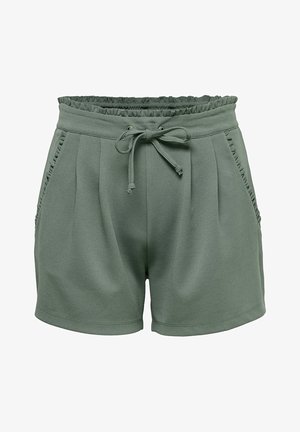 Short vert à cordon avec taille élastique à volants et poches latérales avec petit bord volanté, fabriqué en tissu doux texturé.