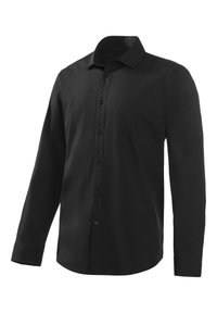 Schwarzes Langarmshirt aus glattem Stoff, mit Knopfleiste, klassischem Kragen und abgerundetem Saum sowie Manschetten mit Knöpfen.