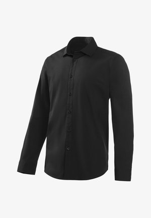 Black long-sleeve shirt made of smooth fabric, featuring a button placket, standard collar, and curved hem with buttoned cuffs.