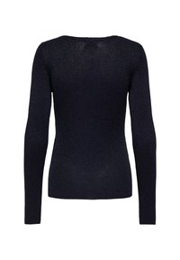 Langärmliges, geripptes Strickoberteil in dunklem Marineblau mit subtil schimmernder Textur. Verfügt über einen runden Ausschnitt und eine figurnahe Silhouette.