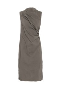 Sleeveless dress in olive green fabric, featuring draped neckline, twisted side detail, and knee-length cut with side slits.