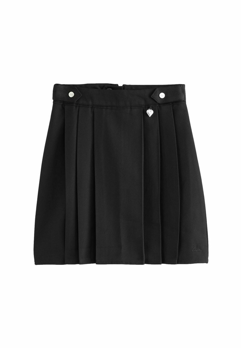 Jupe plissée noire en tissu lisse, avec une taille haute ornée de boutons argentés et un détail en forme de cœur. Ourlet simple.