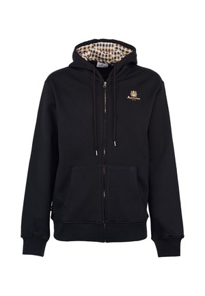 Felpa nera con zip, foderata con un motivo a quadri, tasche frontali, cordini e un piccolo logo oro sul lato sinistro del petto.