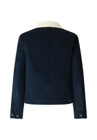 Giacca di velluto a coste blu navy con colletto in falsa pelliccia color crema, polsini con bottoni e un design posteriore sartoriale con dettagli di cucitura sottili.