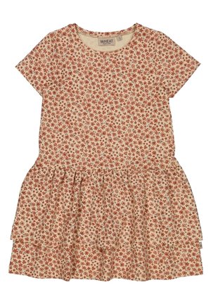 Vestido beige de manga corta con pequeño estampado floral rojo y cintura fruncida, etiquetado como algodón orgánico "WHEAT".