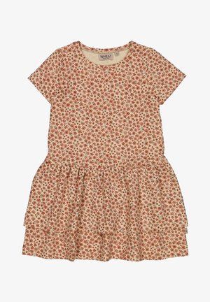 Robe beige à manches courtes avec petit motif floral rouge et taille froncée, étiquette "WHEAT" coton biologique.