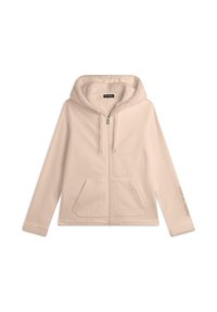 Felpa zip con cappuccio di un beige chiaro, con un morbido rivestimento peluche, tasche frontali e cappuccio con cordino. Presenta il marchio "FREDDY" sulla manica.