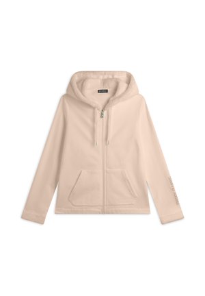 Felpa zip con cappuccio di un beige chiaro, con un morbido rivestimento peluche, tasche frontali e cappuccio con cordino. Presenta il marchio "FREDDY" sulla manica.