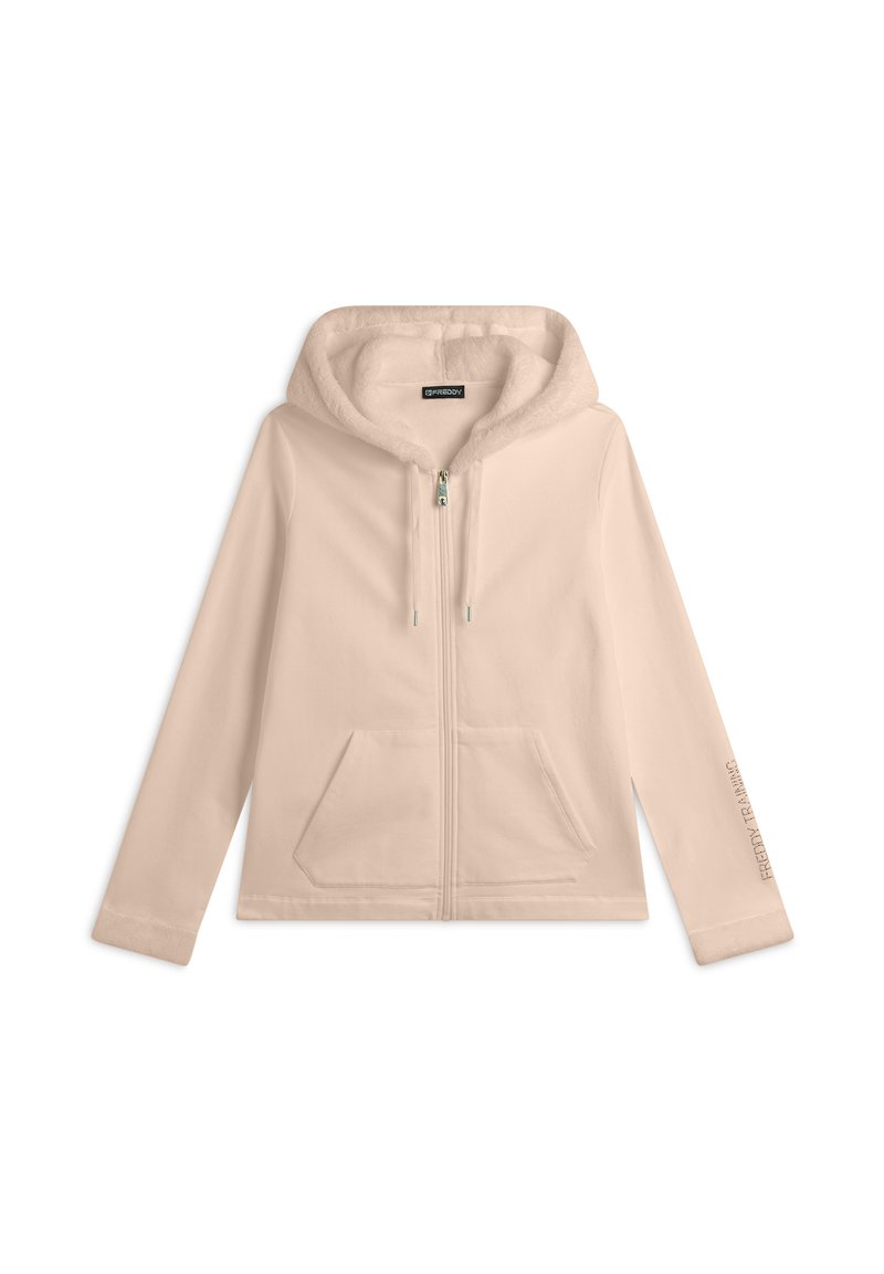 Felpa zip con cappuccio di un beige chiaro, con un morbido rivestimento peluche, tasche frontali e cappuccio con cordino. Presenta il marchio "FREDDY" sulla manica.