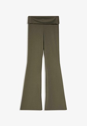 Olive green high-waist flared pants with a wide folded waistband, made from a smooth fabric.