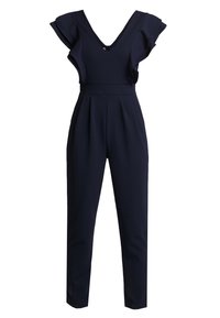 Námořnický overal s hlubokým výstřihem do V, volánkovými rukávy, přiléhavým pasem a zúženými nohavicemi z hladkého, elastického materiálu.