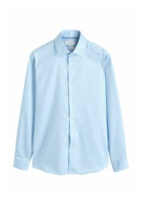 Šviesiai mėlyna marškinėliai su ilgomis rankovėmis, klasikinio kirpimo apykakle ir lygiu medvilniniu audiniu. Priekyje vienodai išdėstyti balti mygtukai.