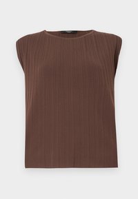 Bruine geribde mouwloze top met een ronde halslijn. Zachte textuur, rechte snit en subtiele verticale lijnen die het ontwerp van de stof accentueren.