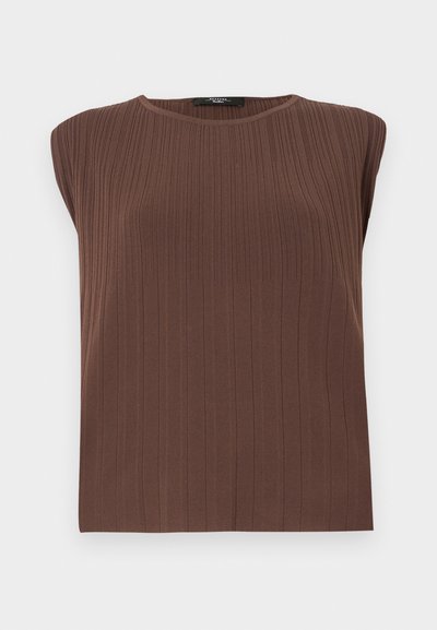 Top senza maniche ribbed marrone con scollatura rotonda. Tessuto morbido, taglio dritto e sottili linee verticali che mettono in risalto il design del tessuto.