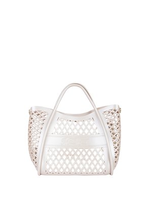 Borsa tote bianca con motivo a rombi a griglia, doppi manici e nome del marchio "Marc Ellis" in rilievo sul davanti.