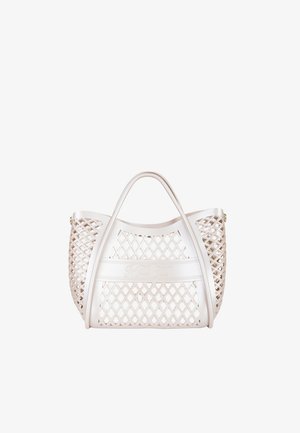 Borsa tote bianca con motivo a rombi a griglia, doppi manici e nome del marchio "Marc Ellis" in rilievo sul davanti.