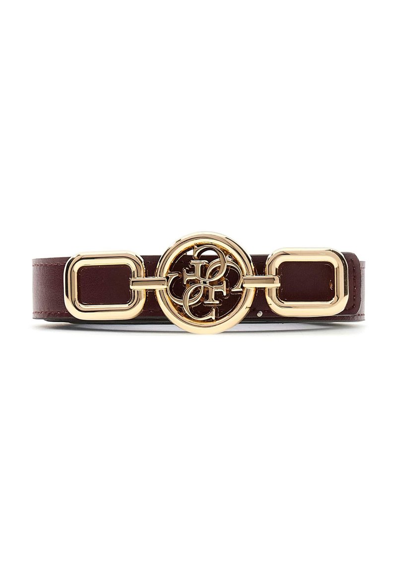 Ceinture en cuir bordeaux avec une boucle circulaire dorée arborant un logo entrelacé et des accents rectangulaires de chaque côté. Texture plate.