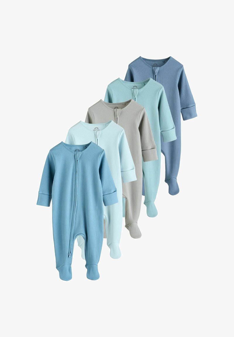 Set aus fünf Kinder-Ripp-Zipper-Jumpsuits in verschiedenen Blautönen, Aquamarine und Grau. Mit langen Ärmeln und Fußdesign.