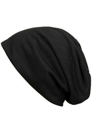 Løs sort bomulds-slouchy beanie-hat med blødt stof og subtile syningsdetaljer, designet til afslappet brug og komfort.