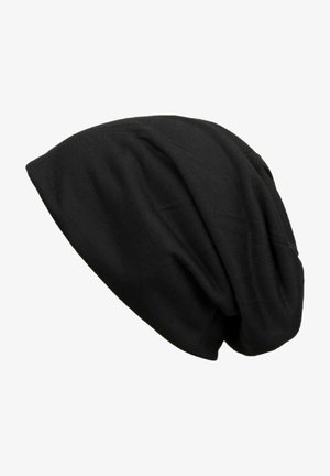 Løs sort bomulds-slouchy beanie-hat med blødt stof og subtile syningsdetaljer, designet til afslappet brug og komfort.