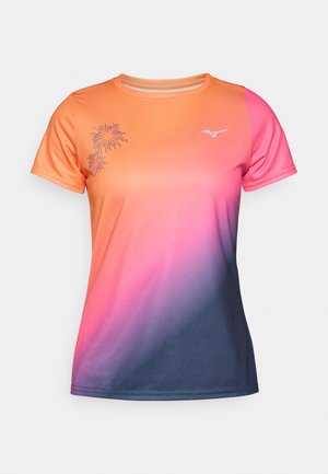 Women's short-sleeve T-shirt featuring an orange to pink gradient transitioning to navy. Includes floral graphics and a logo on the chest.